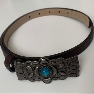 Small leather belt w/ silver and turquoise buckle